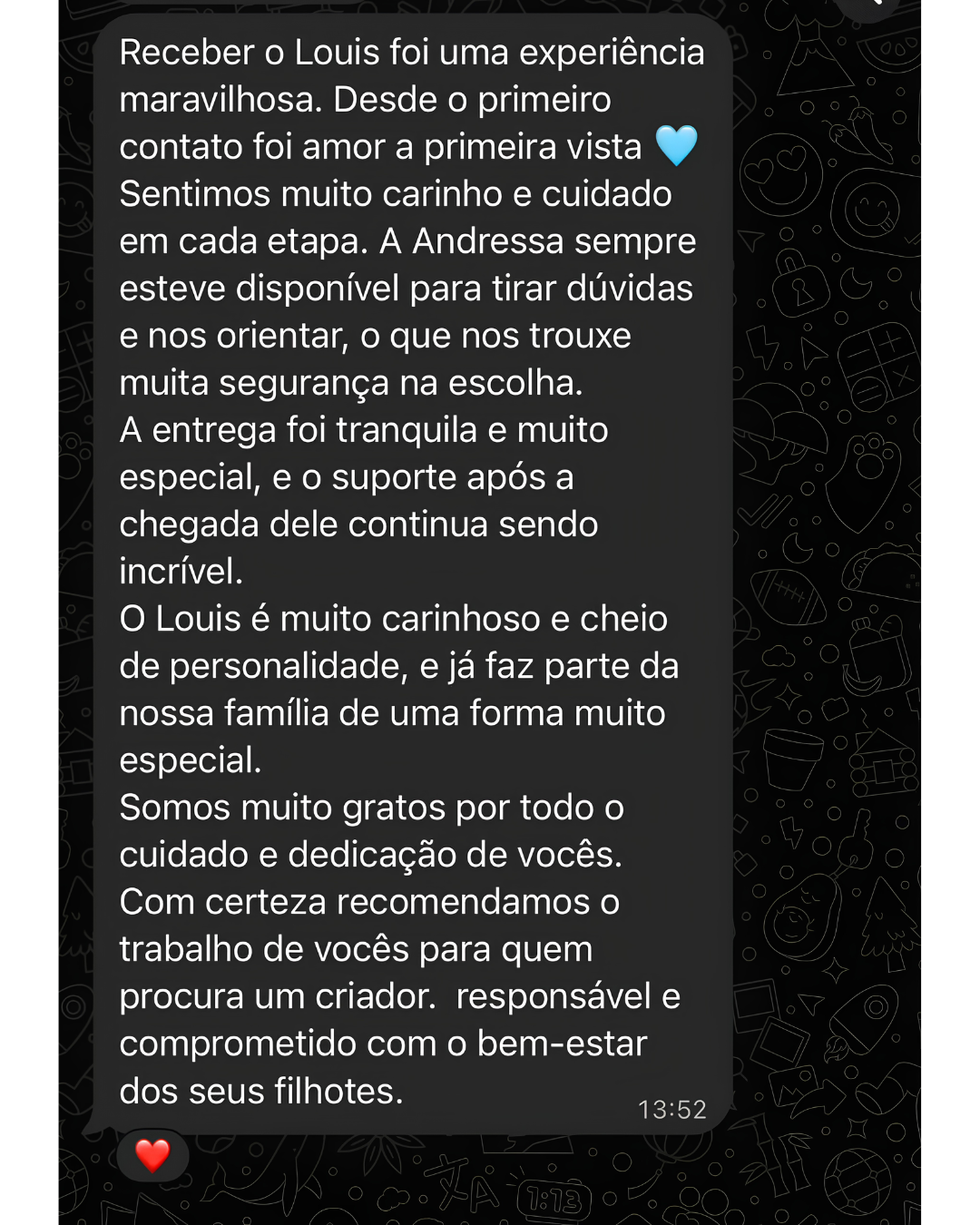 Mensagem recebida de uma família